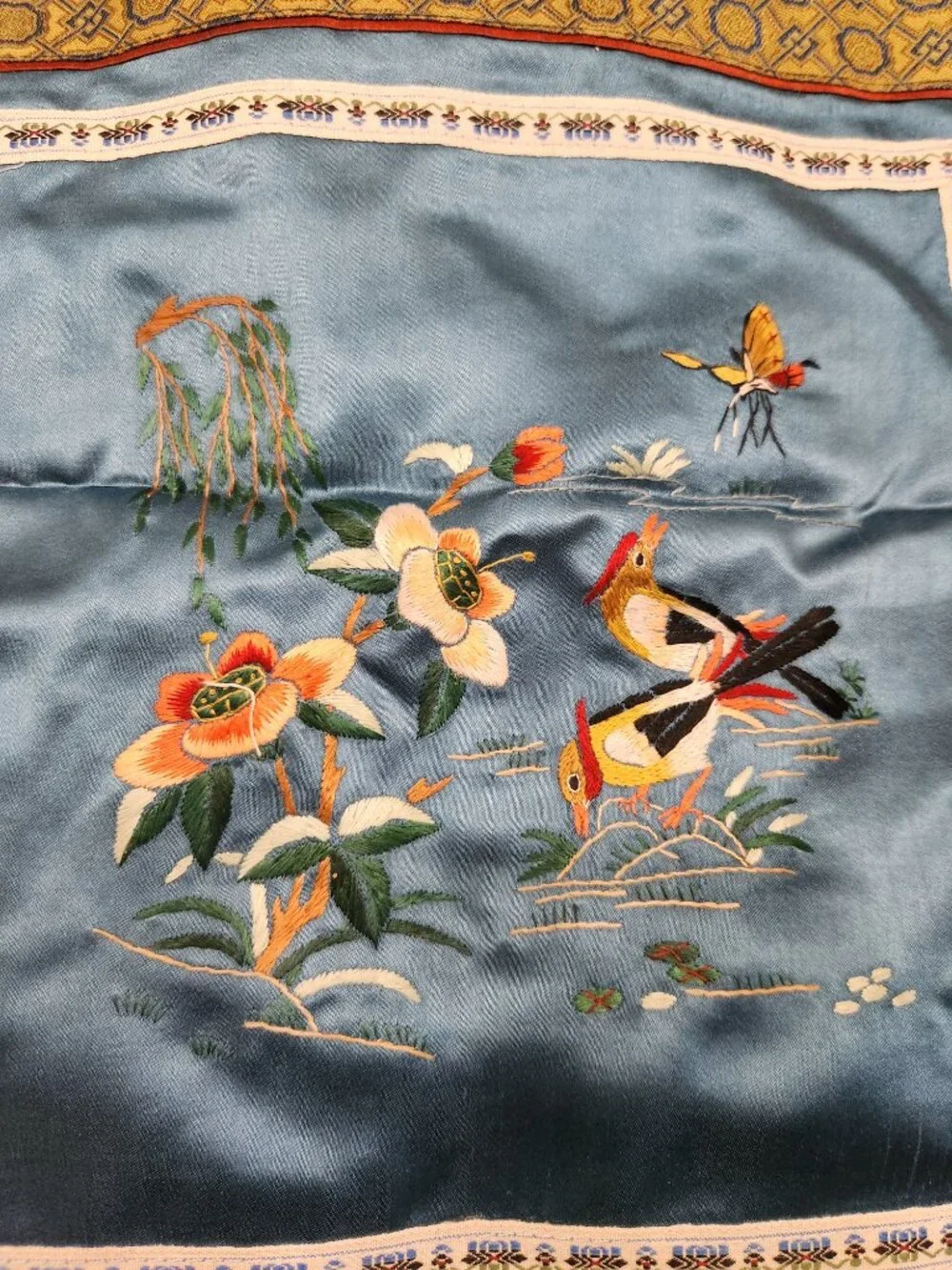 Vintage Mid-Century Chinese Hand-Embroidered 100% Silk Pillow Shams Set of 2